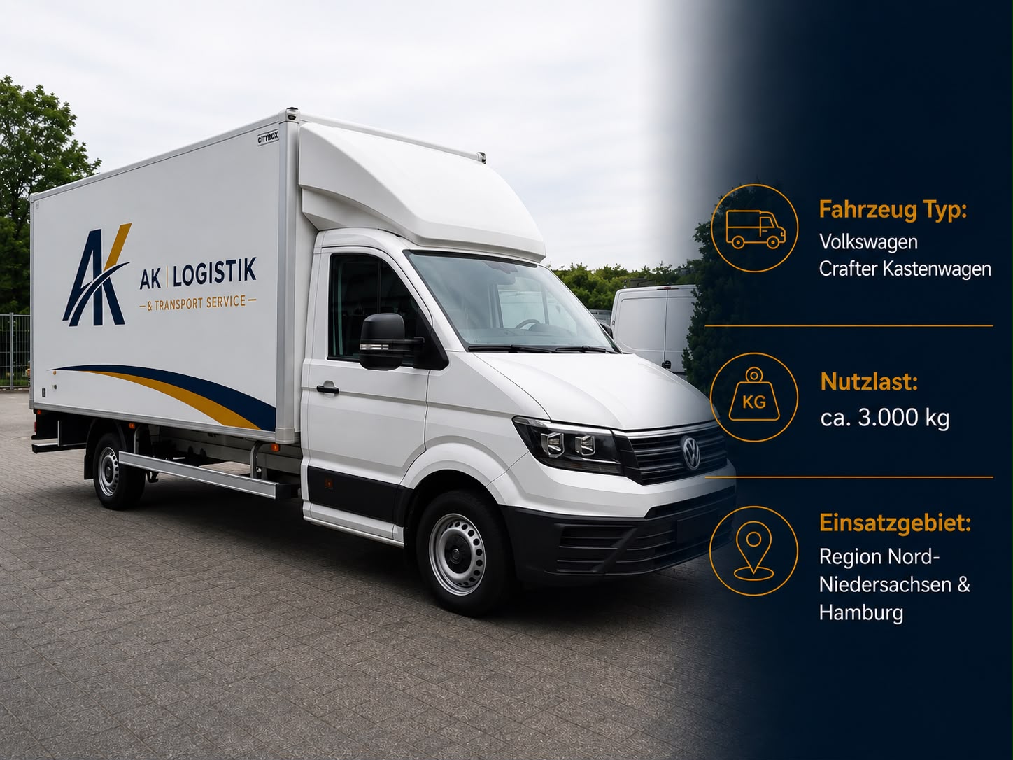 Volkswagen Crafter Koffer-Kastenwagen – Nutzlast ca. 3.000 kg, Einsatzgebiet Region Niedersachsen & Hamburg